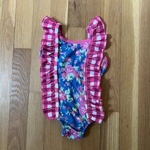 SweetHoney Blue Floral Pink Checked Ruffle Swimsuit - size 18 months